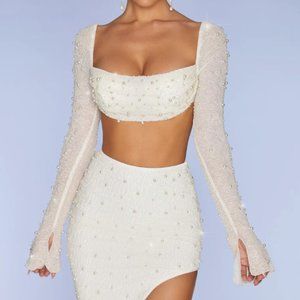 Oh Polly Embellished Cowl Neck Crop Top in Ivory Size 0